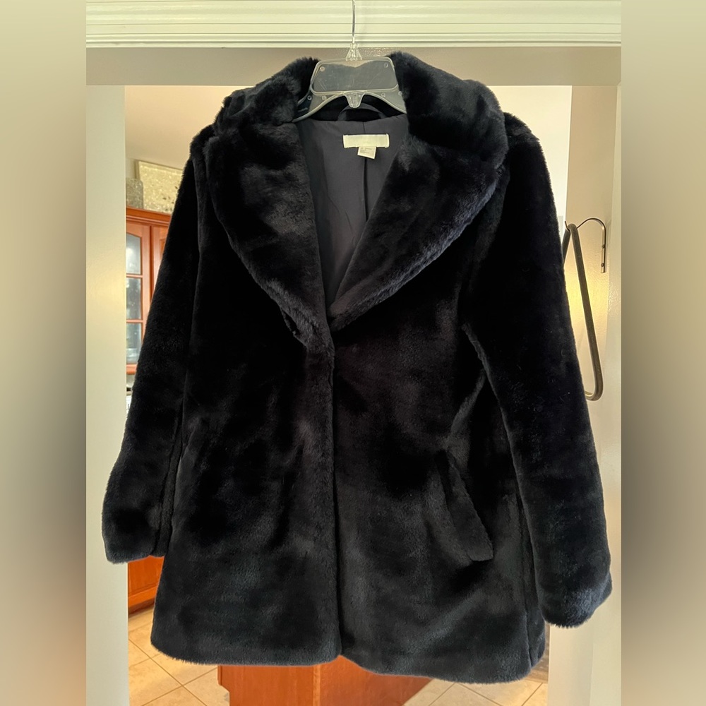 Navy or dark blue,‘almost black, H&M fake fur coat. Size M
